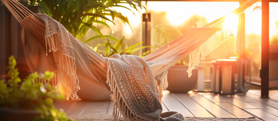 Terrace snug hammock and blanket with lush houseplant during sunset