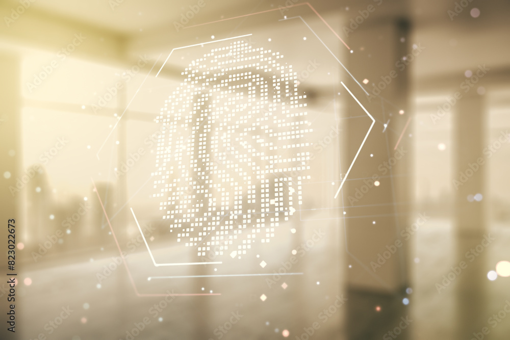 Aufkleber Multi exposure of virtual graphic fingerprint sketch on empty classroom background, fingerprint scan data concept