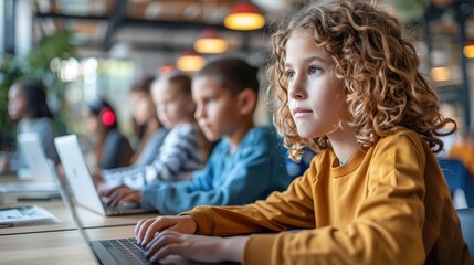 Children playing and learning, Young girl focused on using a laptop in a classroom setting, surrounded by other children engaged in learning activities.