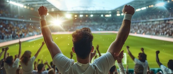 illustration of many sports fans cheering victory together happily and excited to watch their favorite football team in the football soccer stadium. Cheering sports fans wear white shirts. - Powered by Adobe