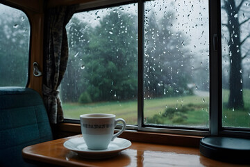 A cup of coffee and a view from a motor home