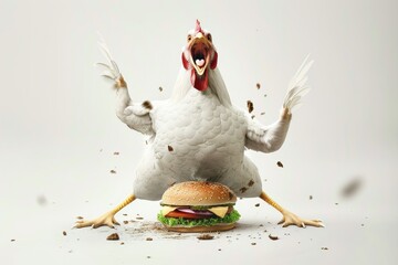 An amusing and surprising image of a chicken standing over a burger, with a look of shock and humor, blending farm animal with fast food in a creative culinary concept, Generative AI