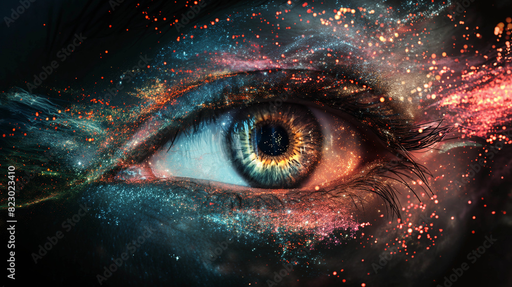 Poster digital generated image of multicolored particles forming eye shape against black background.
