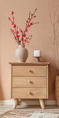 Wooden dresser in vibrant color in an interior design room composition. Minimalistic, chic interiors.