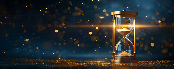 Hourglass with Glowing sand  time passing concept for business shining light on dark black and blue background