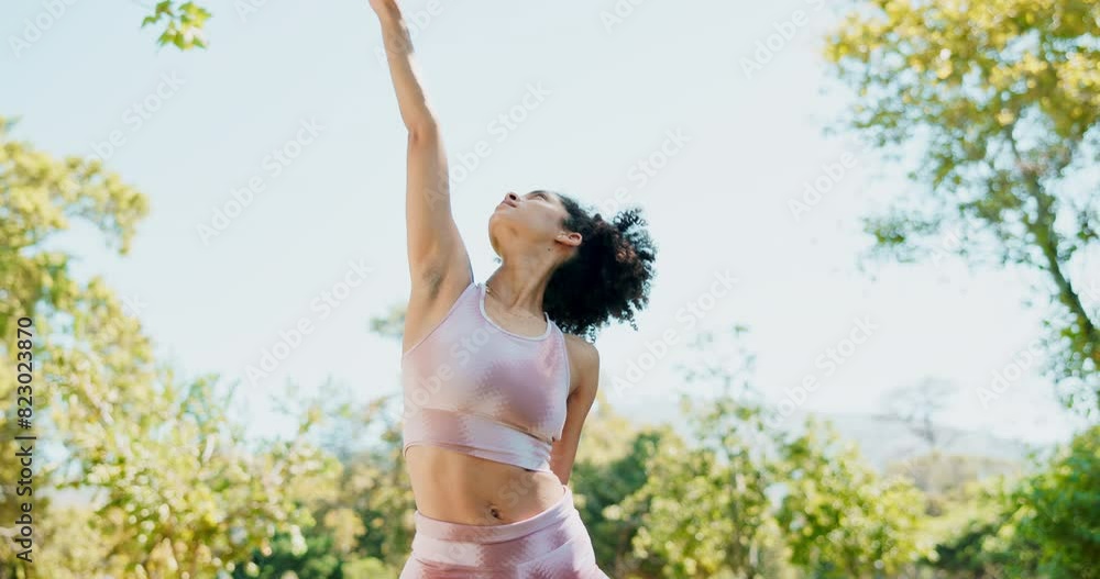 Poster Yoga, woman and warrior pose in park for holistic wellness, muscle and flexible body and balance. African person or yogi practice in garden, nature or outdoor with pilates for stretching and exercise