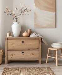 Wooden dresser in vibrant color in an interior design room composition. Minimalistic, chic interiors.
