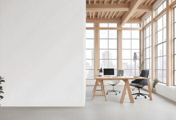Mockup wall. Wooden coworking interior with PC computers on desks in rows, windows. 3D render