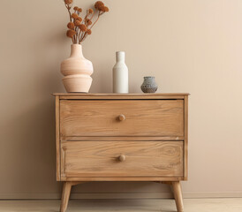 Wooden dresser in vibrant color in an interior design room composition. Minimalistic, chic interiors.
