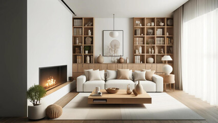 Modern Minimalist Living Room with Fully Decorated Shelves and Natural Light