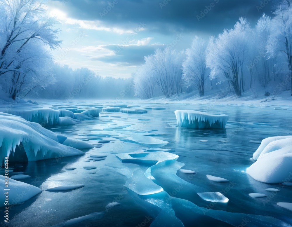 Poster a serene frozen river meanders through a snowy landscape with frosted trees under a soft blue sky.. 