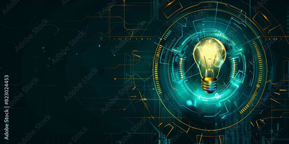 Aufkleber Digital Innovation: Glowing Light Bulb and Network Connections Representing Creative Ideas and Futuristic Technology in a Cyber Environment, Generative AI