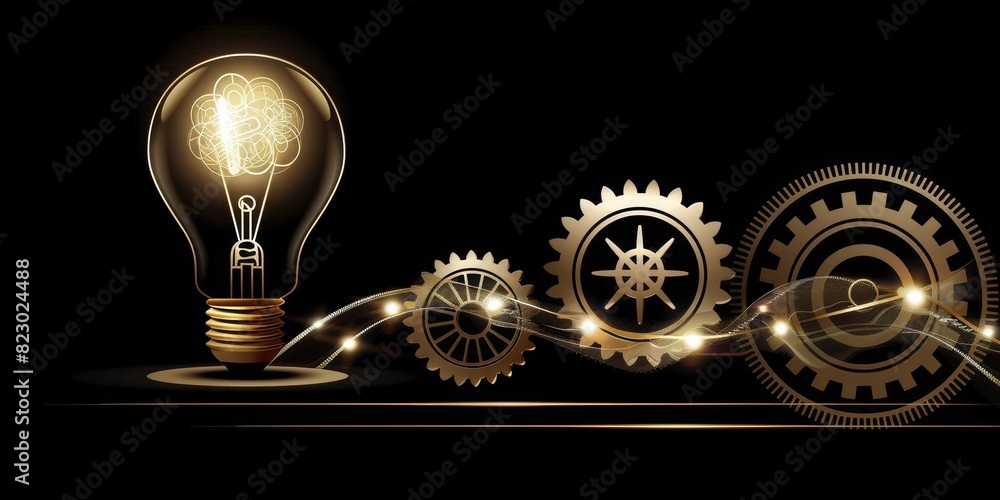Poster innovative technology: glowing light bulb and gears representing ideas, creativity, and digital circ