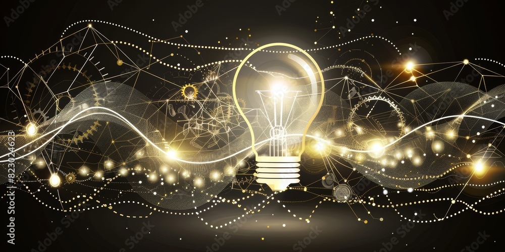 Poster innovative technology: glowing light bulb and gears representing ideas, creativity, and digital circ