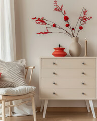 Wooden dresser in vibrant color in an interior design room composition. Minimalistic, chic interiors.