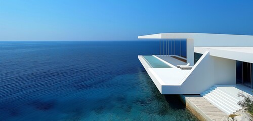 A minimalist luxury villa on a remote beach, with sleek white architectural lines contrasting against the deep blue of the ocean at midday. 32k, full ultra hd, high resolution