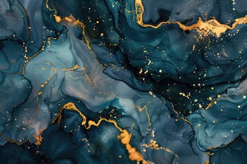 A closeup of dark blue and teal marble with gold veins, creating an abstract pattern that resembles flowing water in the style of fluid acrylics. Created with Ai