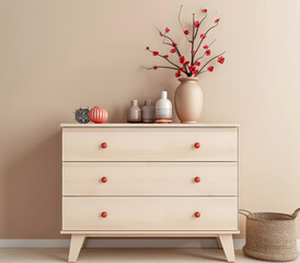 Wooden dresser in vibrant color in an interior design room composition. Minimalistic, chic interiors.