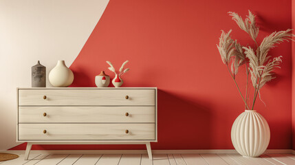Wooden dresser in vibrant color in an interior design room composition. Minimalistic, chic...