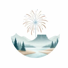 Fireworks over national park. watercolor illustration, Perfect for nursery art, simple clipart, single object, white color background.