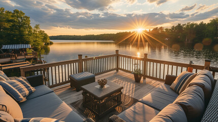 Obraz premium A beautiful lake with a sunset in the background. The sun is shining on the water, creating a warm and peaceful atmosphere. The scene is perfect for relaxation and enjoying the outdoors