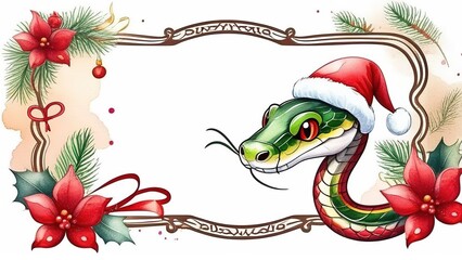 Illustration of a watercolor cute snake in a red Santa hat, symbol of the new year 2025 - snake, New Year calendar, layout for congratulations, New Year cards