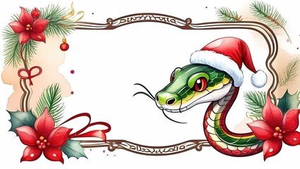 Obraz premium Illustration of a watercolor cute snake in a red Santa hat, symbol of the new year 2025 - snake, New Year calendar, layout for congratulations, New Year cards