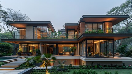 Modern luxury house with large windows, beautiful lighting, and lush garden captured at dusk 