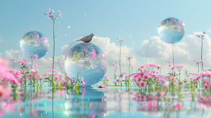 Fantasy landscape with three-dimensional spheres that represent different natural elements such as water,