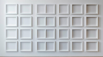 A contemporary art gallery with a uniform array of twenty small plain white frames, each precisely spaced to create a large square grid.