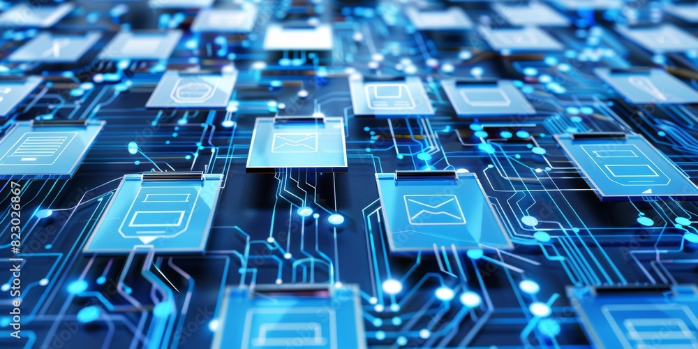 Poster Futuristic Network Interface: Digital Technology Connecting Data and Information in a Secure, Virtual System for Online Communication, Generative AI