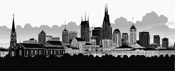a black and white drawing of a city skyline