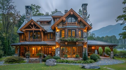 Elegant wooden cabin with illuminated windows against a moody twilight sky, surrounded by nature's serenity 