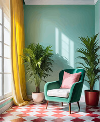 a room with a chair, potted plants and a window