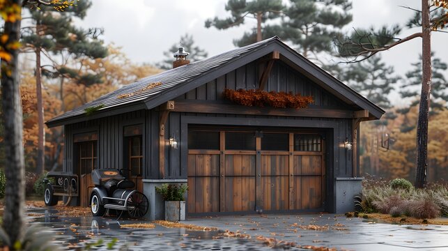 Fototapeta A quaint wooden garage with vintage car parked outside amidst autumn foliage and a serene forest background. 