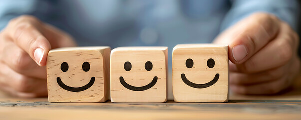 A person holding wooden blocks with smile face for positive customer review satisfaction feedback rating.