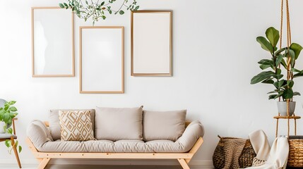 A modern Scandinavian style living room interior with a beige sofa against a white wall with empty picture frames and green houseplants enhancing the decor.