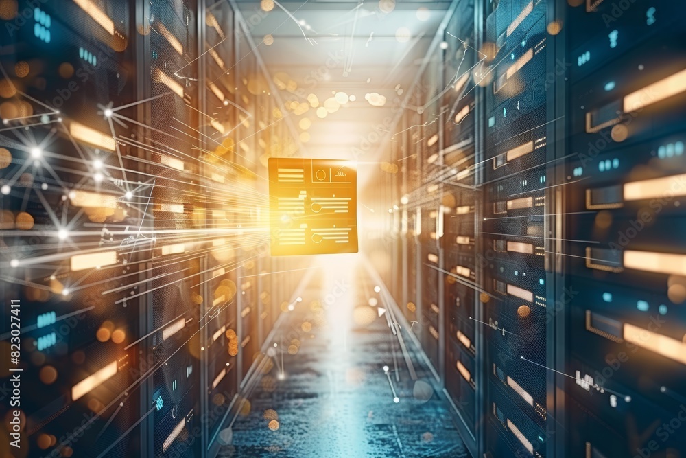 Poster Digital Data Center: Futuristic Servers with Glowing Lights Representing Advanced Technology and Secure Network Information Storage, Generative AI