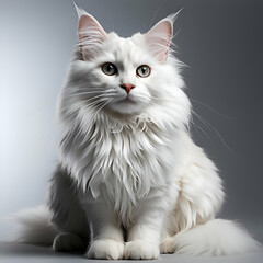Portrait of a beautiful long haired white cat on gray background