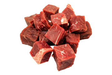 Pieces of raw beef cubes Isolated on white background