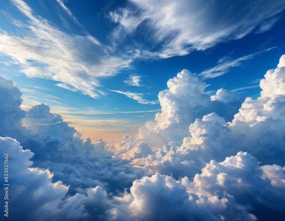 Poster a breathtaking view of soft, towering clouds illuminated by the warm hues of sunset, creating a tran