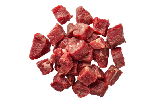 Pieces of raw beef cubes Isolated on white background