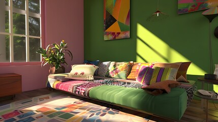 Cozy modern living room with colorful cushions on a couch bathed in natural light through window panes 