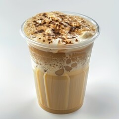 Full Cold Latte in Transparent Plastic PVC Cup on White Background