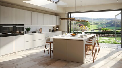 A modern kitchen interior with an open-plan design featuring clean lines, a central island, and a panoramic countryside view.