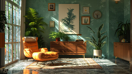 Elegant room with retro design, stylish furniture, and a green plant for decor