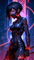 Portrait of an anime style cyberpunk female ninja warrior on a dark moody and atmospheric background