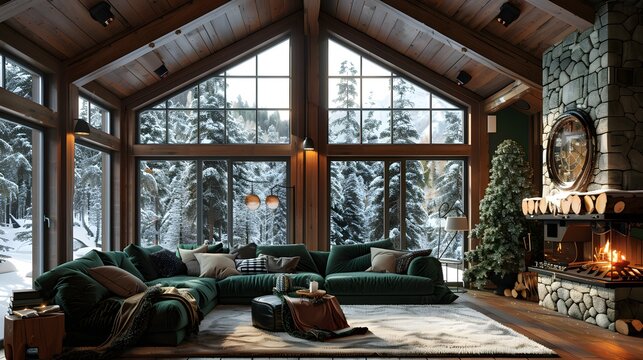 Cozy cabin interior with a warm fireplace and a view of snow-covered trees outside through large windows, ideal for winter comfort and luxury living.