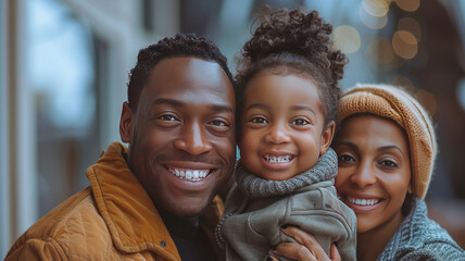 American smiling soldier hugs his wife and child against the background of the them home,generative ai