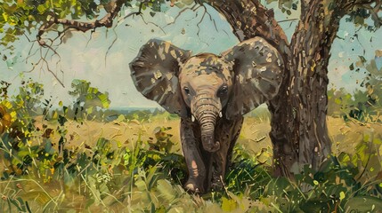 Fototapeta premium Oil painting of a baby elephant next to a green tree